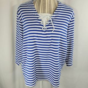 BonWorth Blue/White Striped Lace Up Neck Layered Look 3/4 Sleeve Top Size P/L
